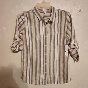 da-sh Striped 3/4 Sleeve Roll Tab Button Front Woven Shirt Cotton Size M NWT